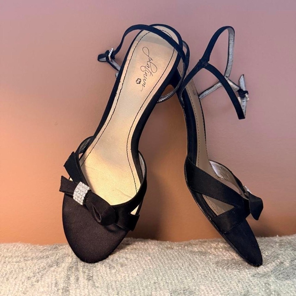 BP Platinum black satin ankle-buckle heels with silver bow detail Size 8